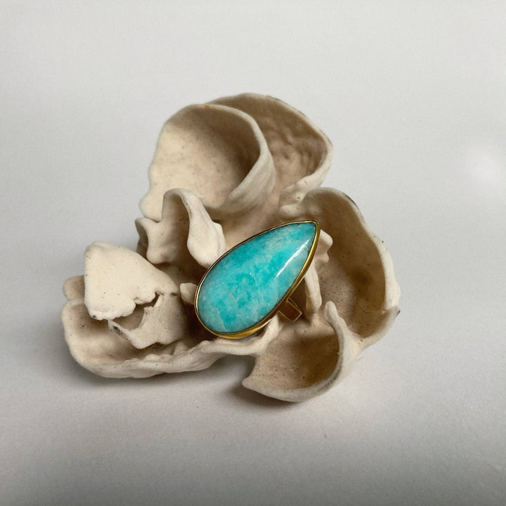 a turquoise ring sitting on top of a bone