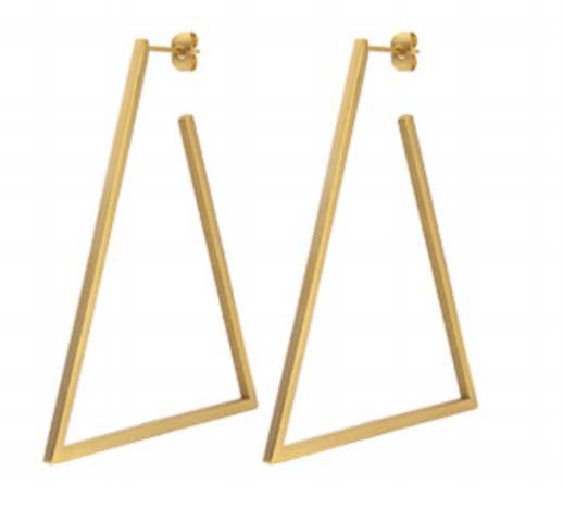 a pair of gold earrings with a triangle design