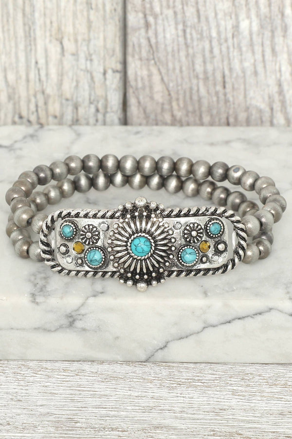 Western Floral Turquoise Concho Stretch Bracelet