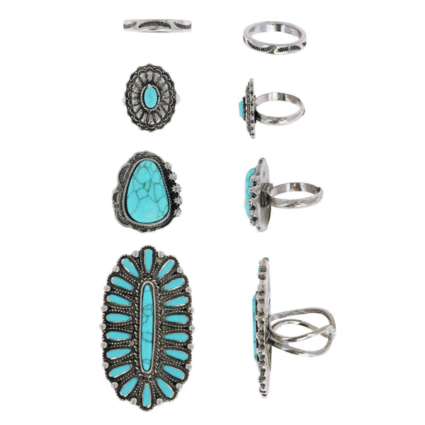 Turquoise Semi Stone Western Theme 4 Ring Set