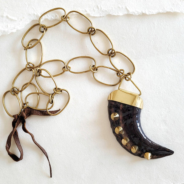 Brass antler Horn large chain link Pendant Necklace