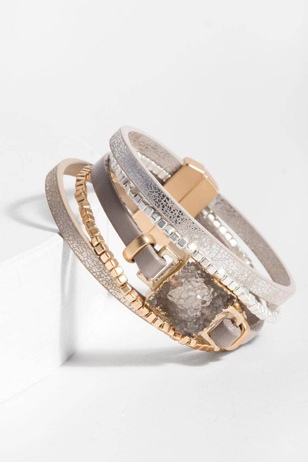 Galena Metallic Leather Bracelet with Druzy Stone