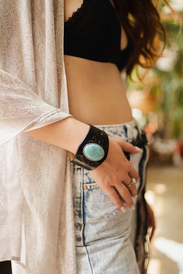 Boho Turquoise Stone Black Leather Cuff Bracelet