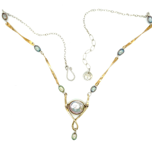 Moon Beam Fresh Water Pearl Pendant Necklace in Brass