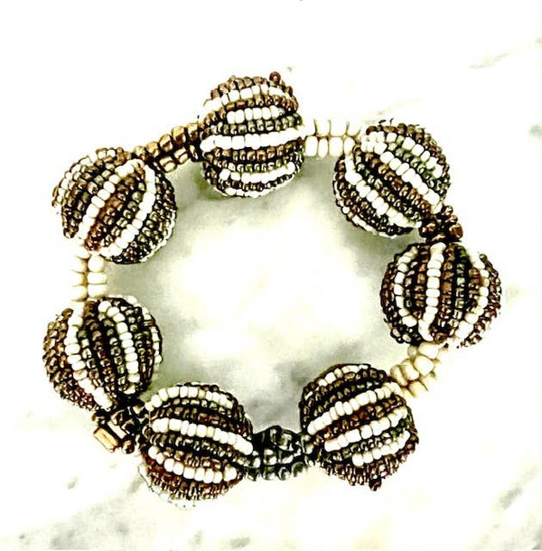 Striped 7 Ball bracelet  Stretch  Cream,Bronze Pewter