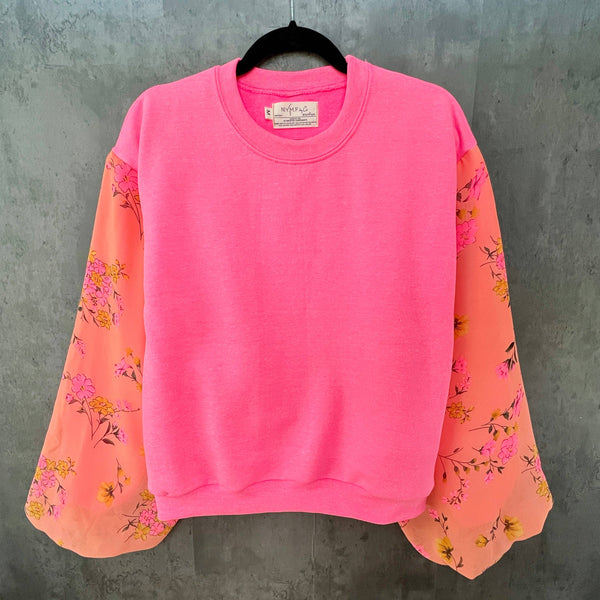 Puff Sleeve Sweatshirt - Neon Pink Pop Coral Floral