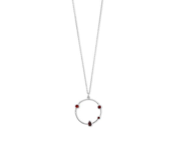 Rhodium Plated Garnet and Hammered Circle Necklace