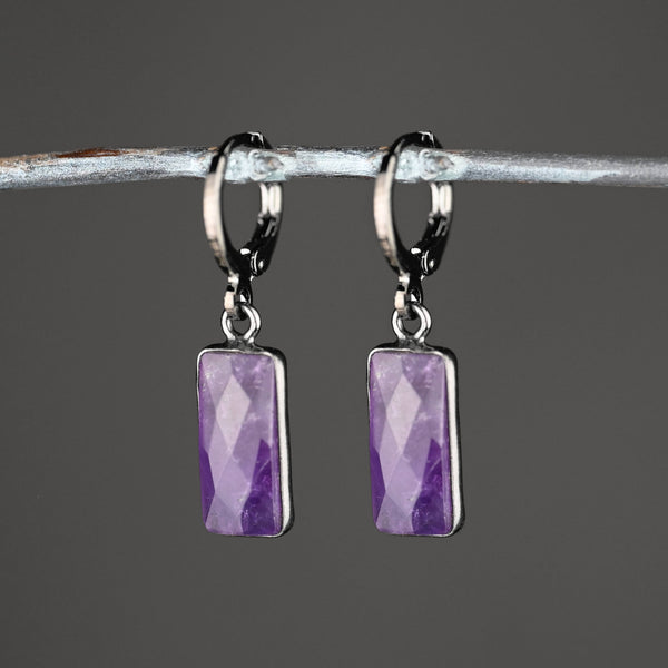 Huggie with Rectangle Semi Precious DropEarrings (Gunmetal)