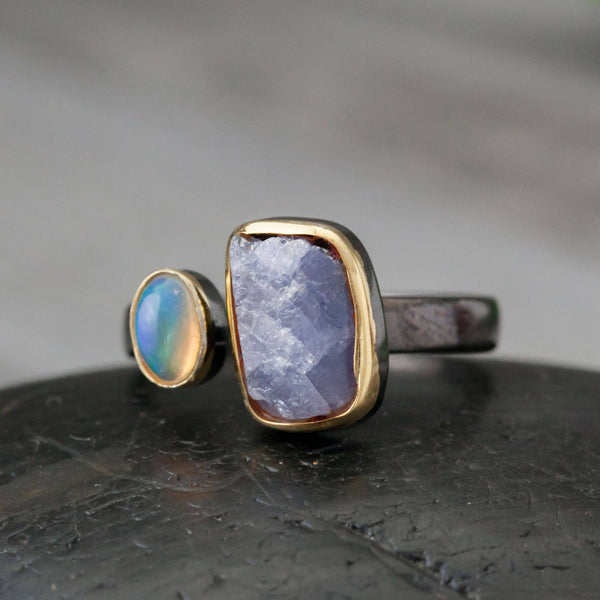 Rhodium Gold Plated Opal and Tanzanite Ring