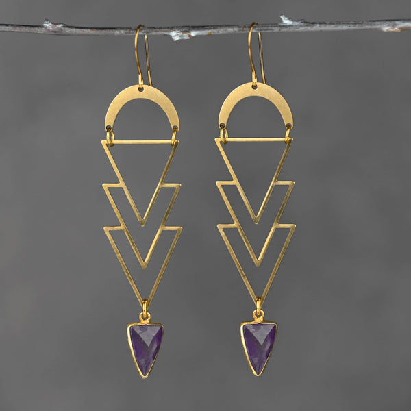 Geometric Brass Triangle w/ Semi Precious Stone Drop Earrings