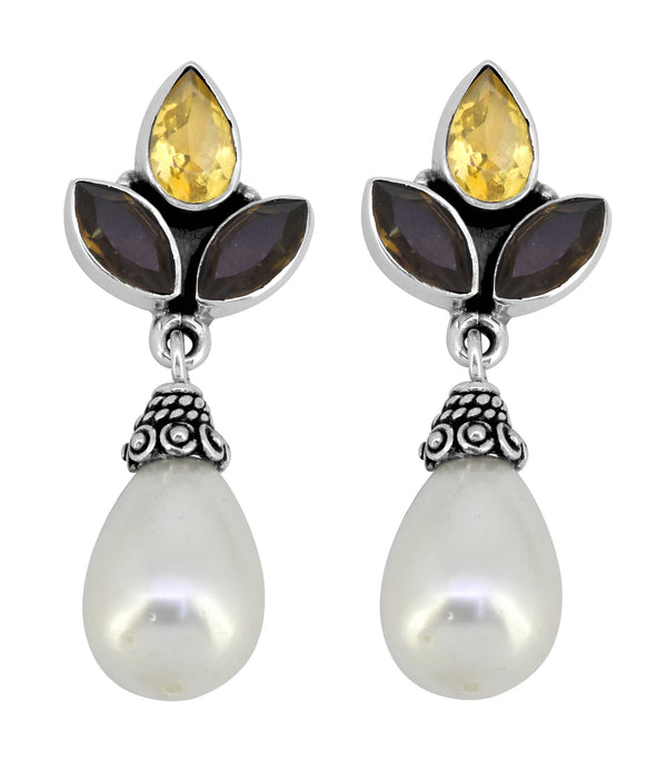 Pearl Smoky Quartz Citrine 925 Sterling Silver Drop Earrings