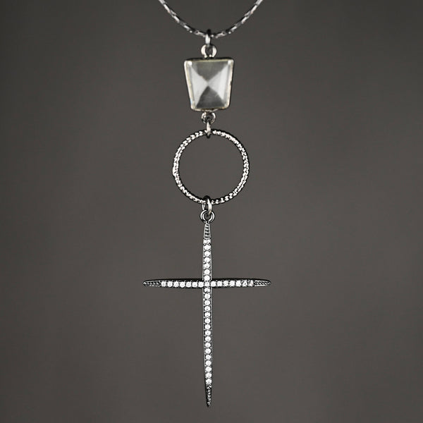 Micro Pave Cross w/ Crystal & Faceted Circle Necklace