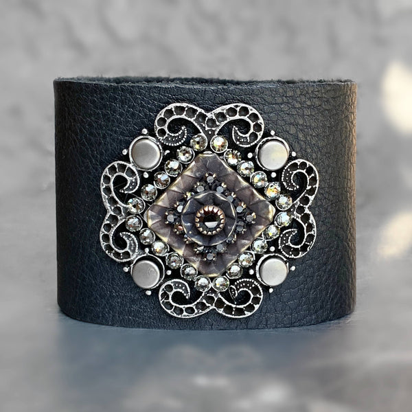 Deluxe Stones on Black Leather 2 Inch Cuff