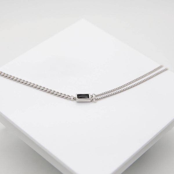 Stylish Minimalist Sterling Silver Chain Necklace with Black Zirconia