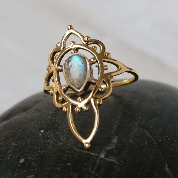 Decorated Brass Ring with Labradorite Stone