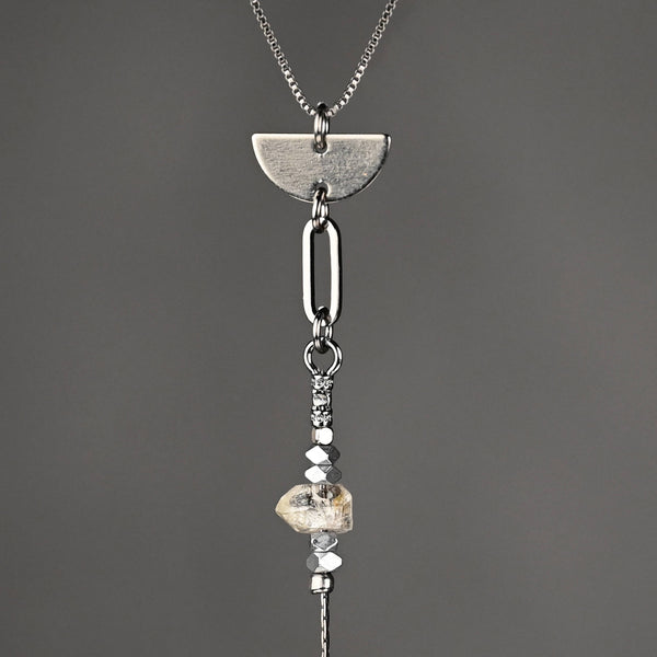 Herkimer Diamond and Hematite Beads Tri Necklace (Gunmetal)